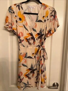 BCBG Cream Floral Wrap Mini Dress with Yellow & Coral Accents